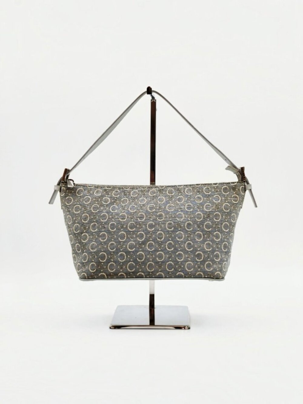 Vintage Celine C Macadam Monogram Shoulder Bag Gray Canvas Leather Y2K Italy
